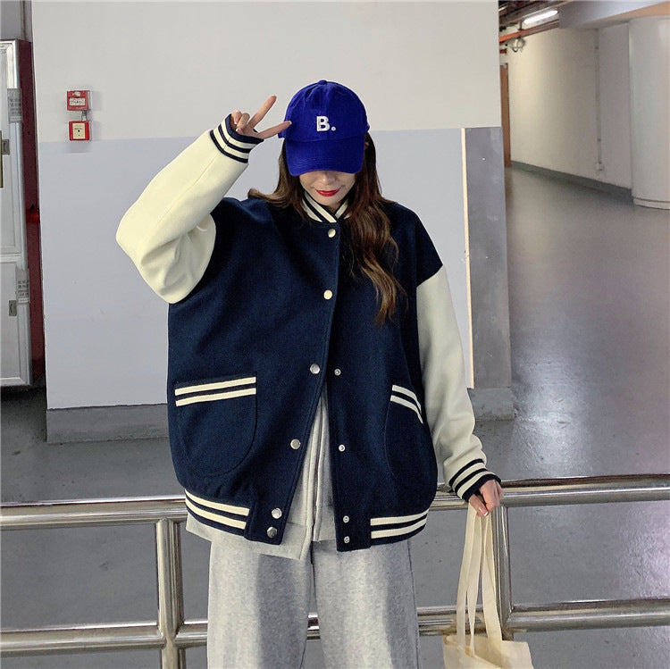 Womens Fashionable Preppy-Style Casual Crew-Neck Jacket