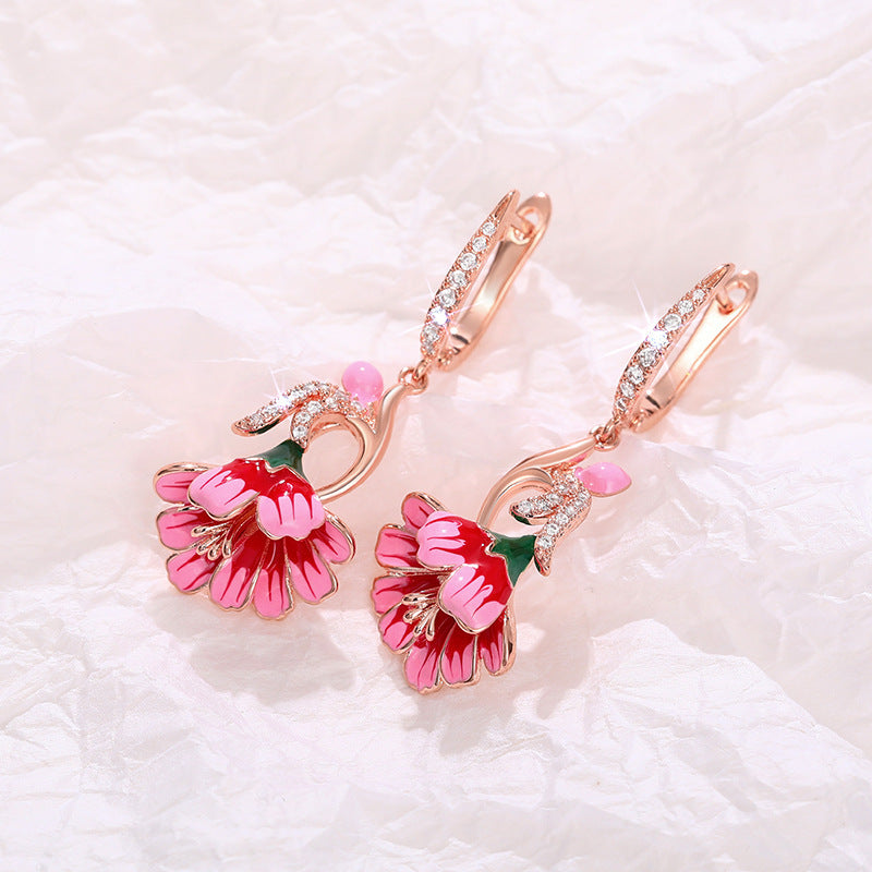 Dainty Flower Earrings Oil-Drip Floral Design With Zircon Inlays