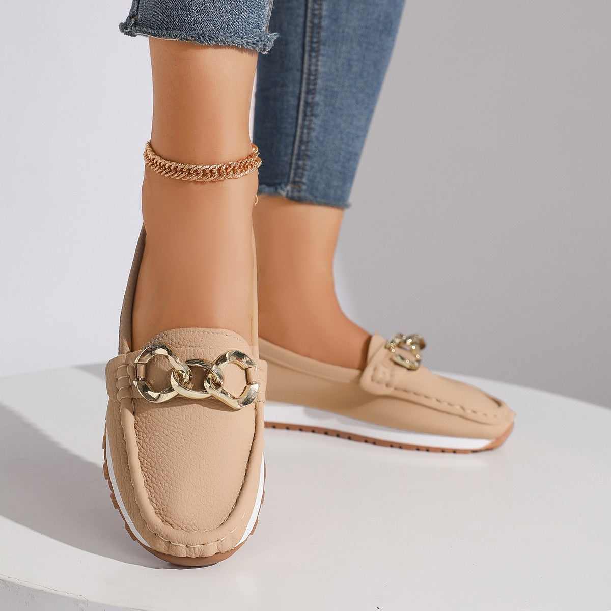 Womens Casual Fashionable Minimalist Metal-buckle Slip-on Shoes In A Comfortable Roomy Fit With A Low-cut Design