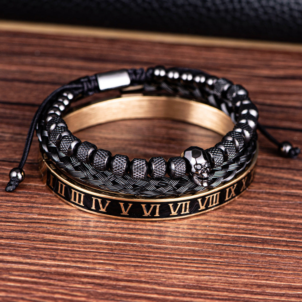 Cross-Section Ghost Head Braided Bracelet Set In Stainless Steel