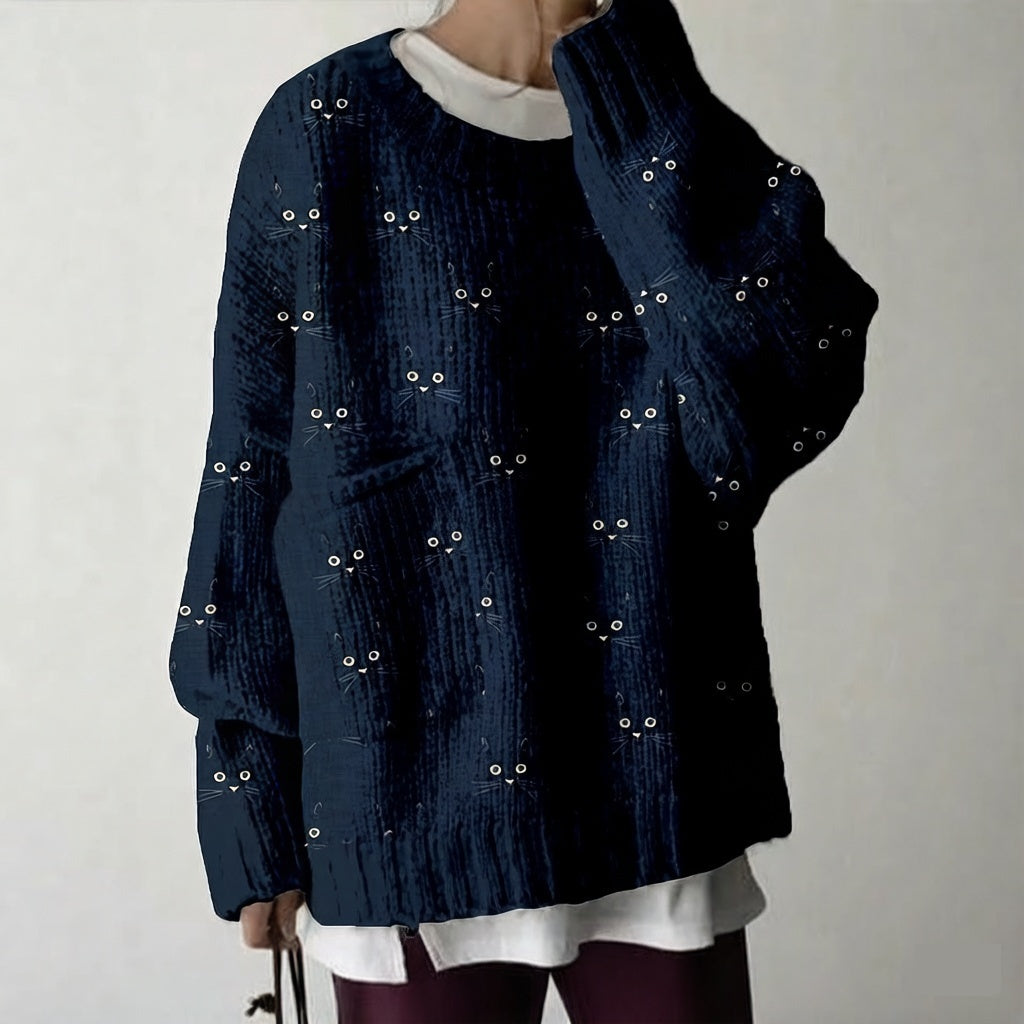 Cozy Sweater With A Cute Cat-face Pattern And Large Pockets