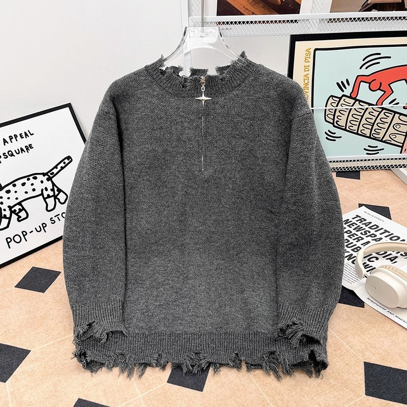 Mens Heavyweight High-street Half-zip Distressed Sweater In American Style