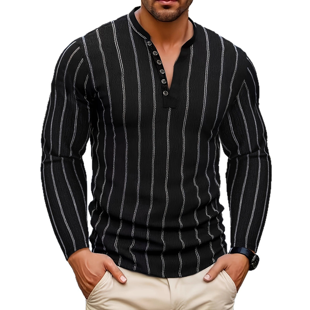FallWinter Casual Striped Crew-neck Single-breasted Long-sleeve Top