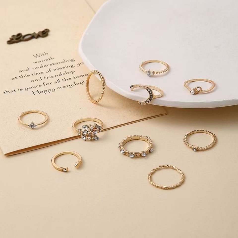10 Pcs Ring Set, Moon Star Leaf Heart Rhinestone Knuckle Rings Combo