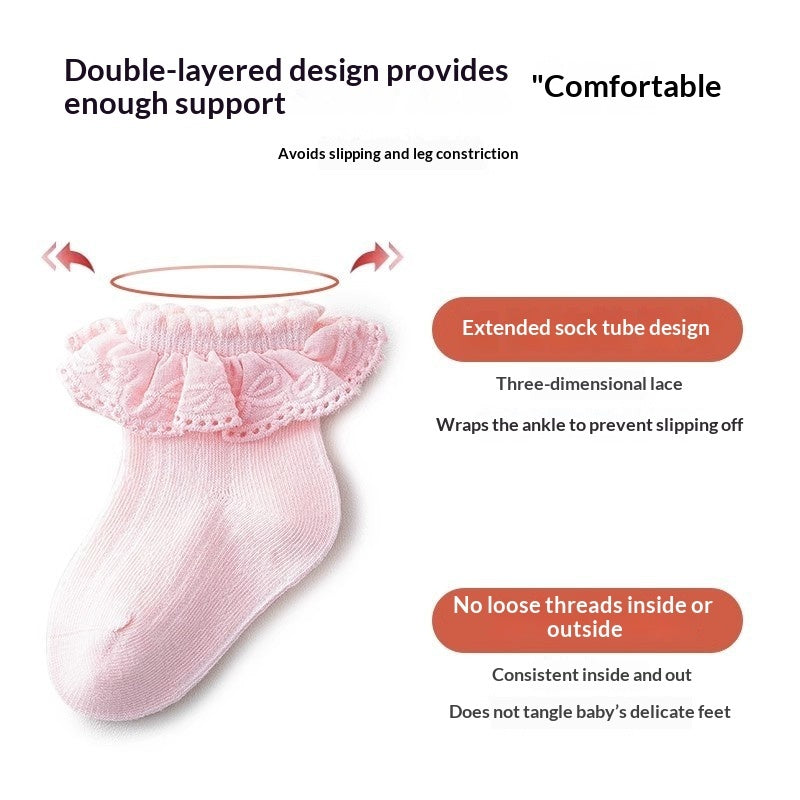 Solid-color Breathable Lace Socks With A Versatile Floral Trim For Little Girls