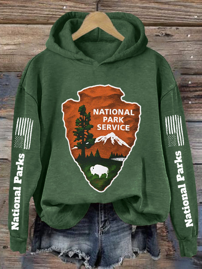 Womens Hooded Sweatshirt With A Forest And Mountain Peaks Design