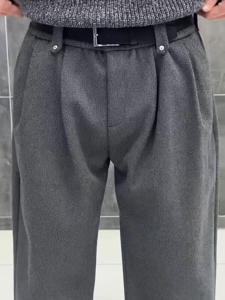 Dark Grey Wool Blend High Waist Pleated Relaxed Pants
