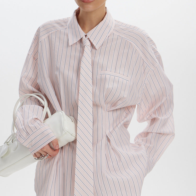 Turn-down Collar Long-sleeve Striped Shirt With Tie