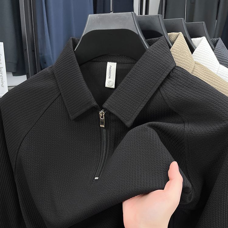 Mens Long-Sleeve Waffle-Textured American-Style Half-Zip Polo Shirt
