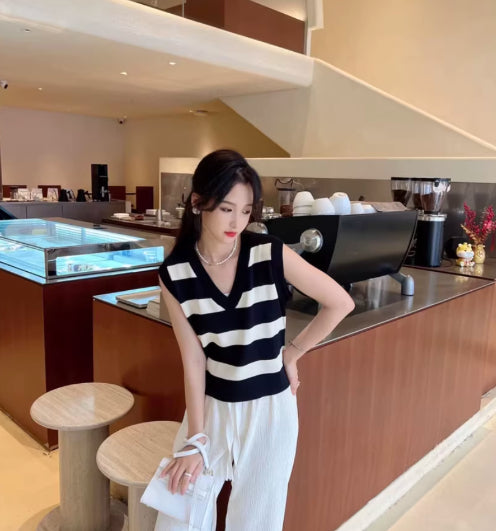 Womens French Retro Striped V-Neck Sleeveless Knitted Vest Top