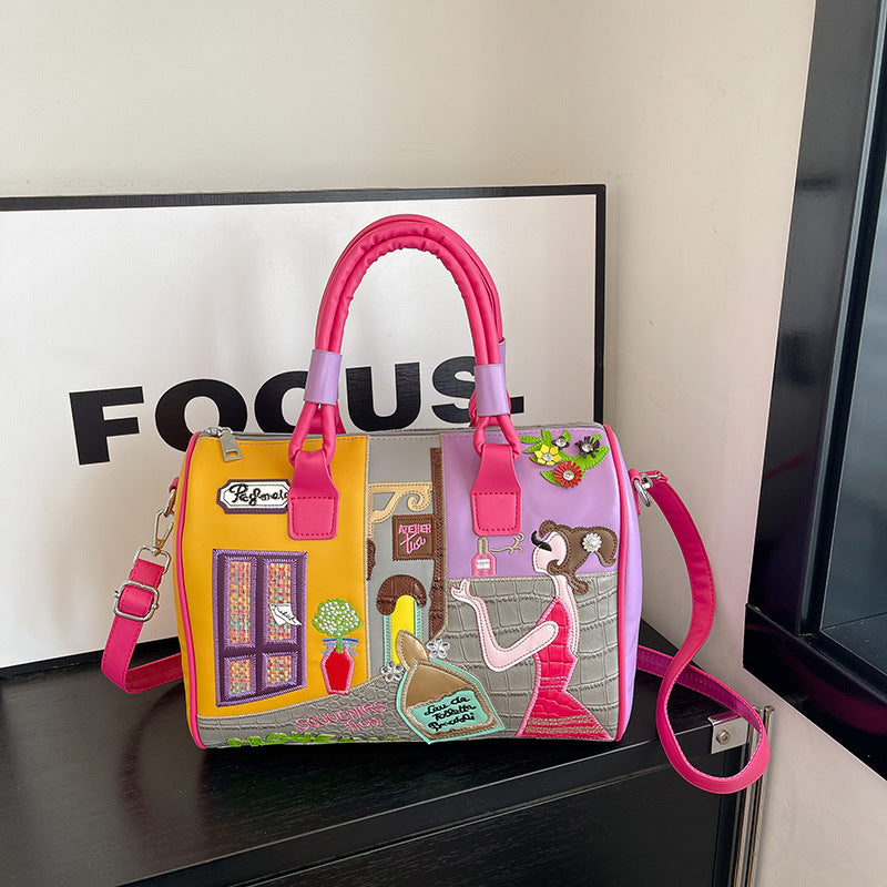 High-capacity Premium Boston Bag With Embroidered Patchwork Design