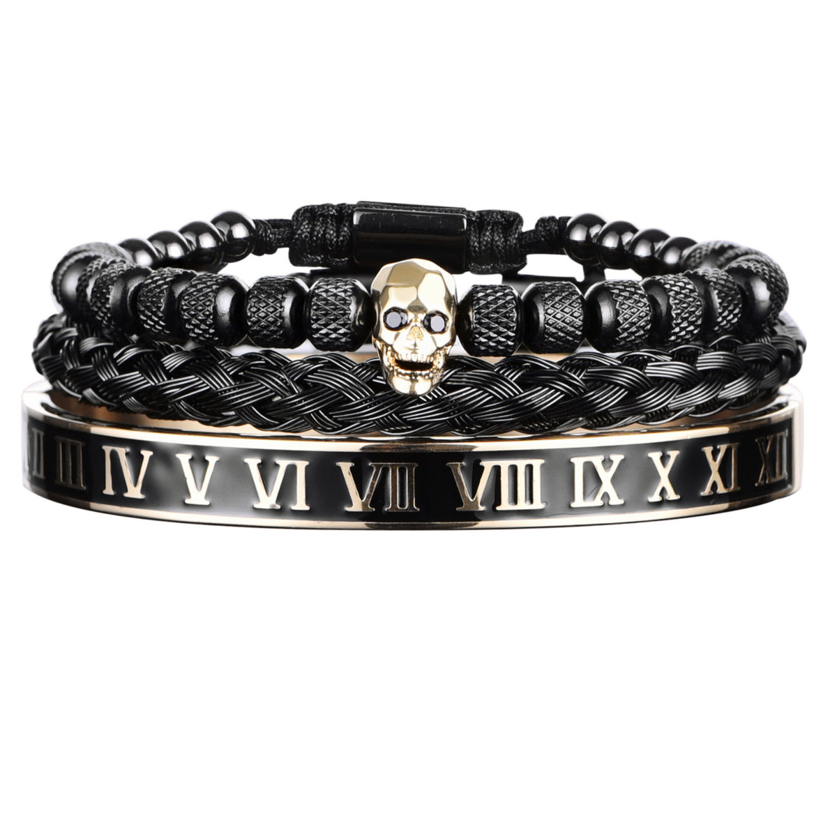 Cross-Section Ghost Head Braided Bracelet Set In Stainless Steel
