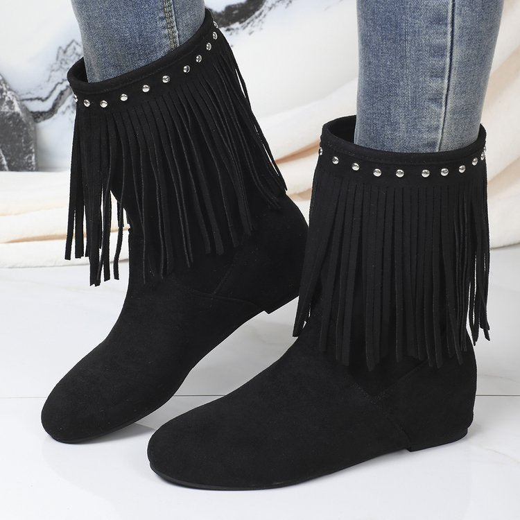 Plus Size Studded Suede Tassel Boots For Women