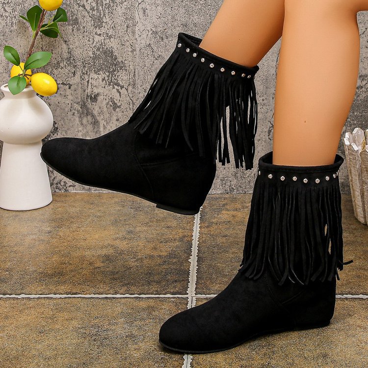 Plus Size Studded Suede Tassel Boots For Women