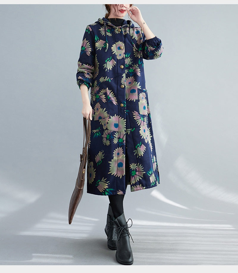 Retro Artistic Winter Long Cotton Coat With Fleece Lining