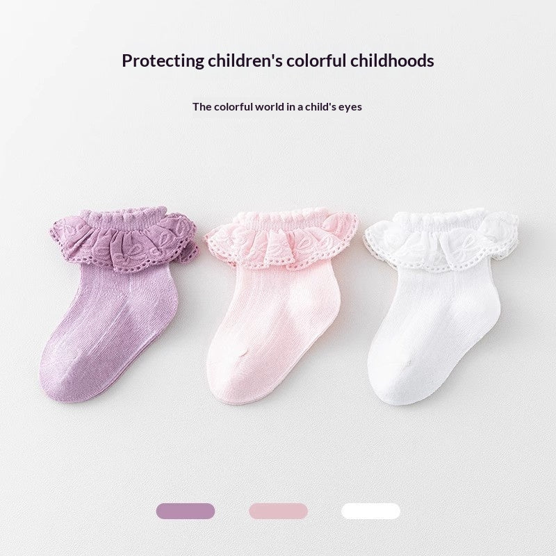 Solid-color Breathable Lace Socks With A Versatile Floral Trim For Little Girls