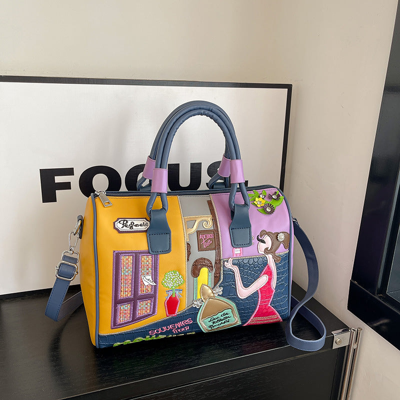 High-capacity Premium Boston Bag With Embroidered Patchwork Design