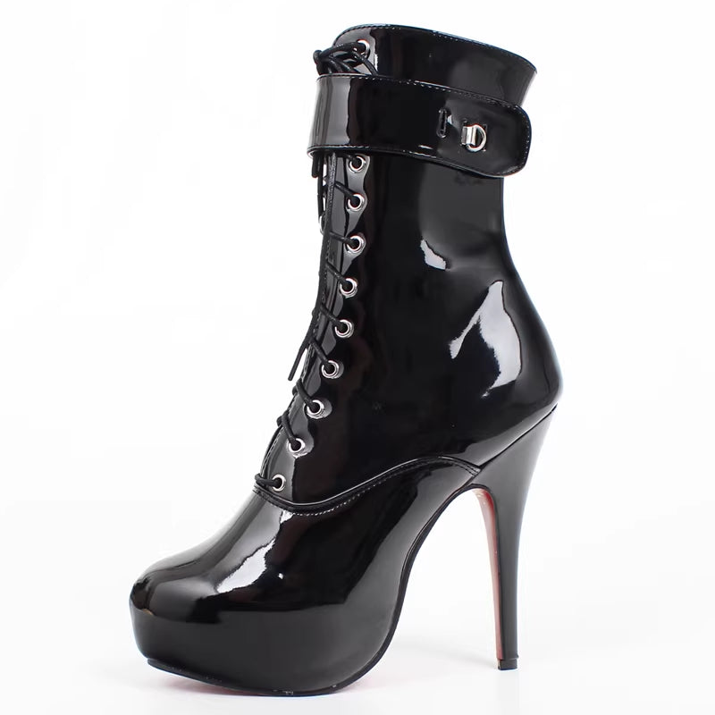15CM Super High Heel Waterproof Lockable Sexy Lace-up Patent Leather High Heels