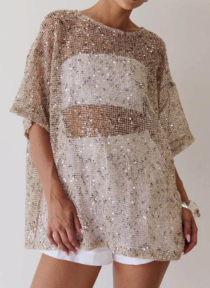 Women's Loose Sheer Mesh Sequin Blouse