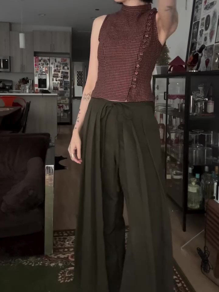 Military Green High Waist Wide-Leg Draped Pants