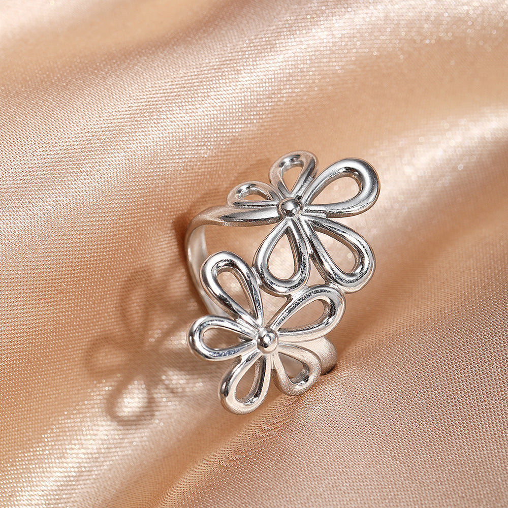 Bohemian Hollow Flower Stainless Steel Ring, Eco-friendly Material, Color Retention, Women's Fashion Jewelry, Personalized All-match & Exaggerated Style