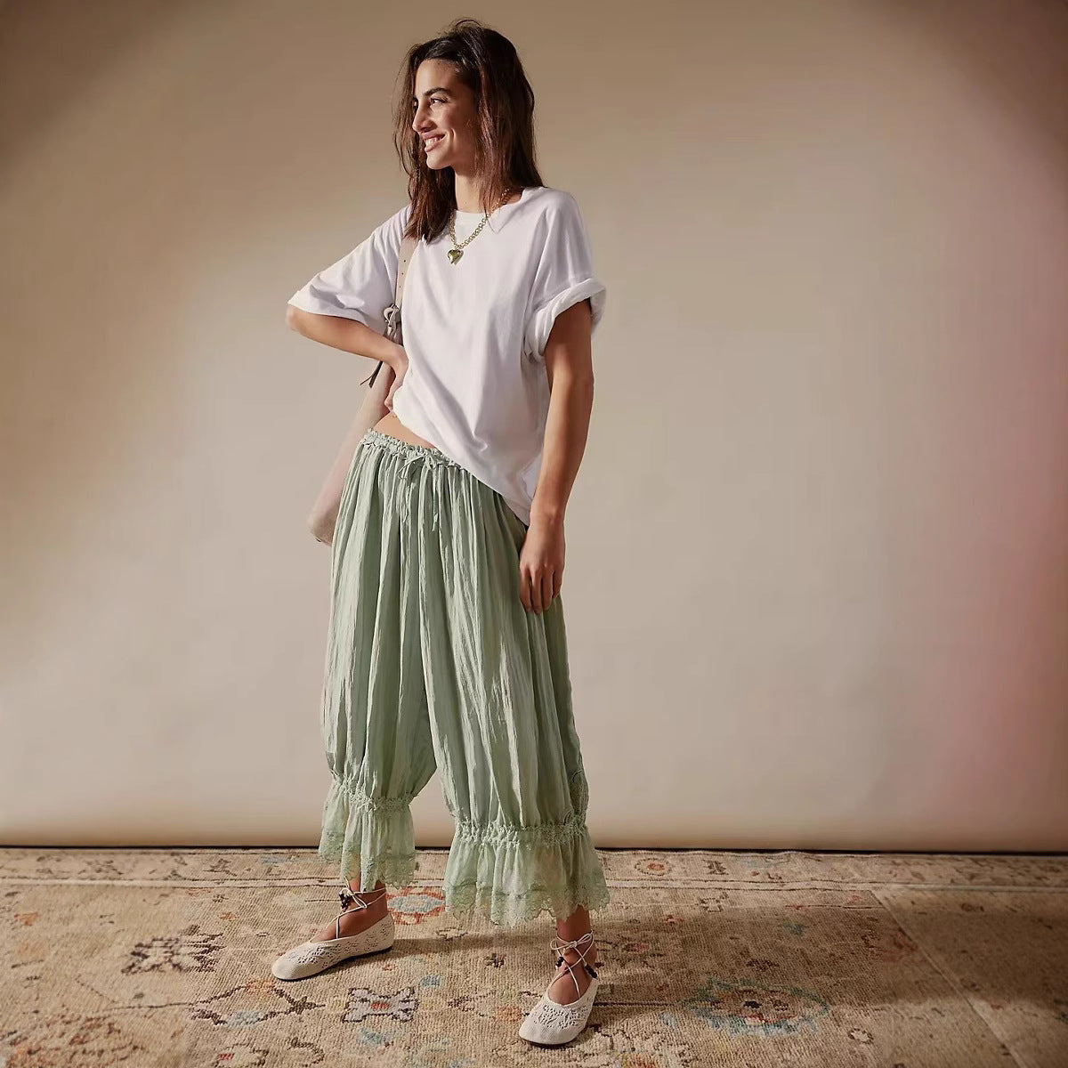 Womens Hollowed-Out Lace-Laced Loungewear Mid-Length Pants