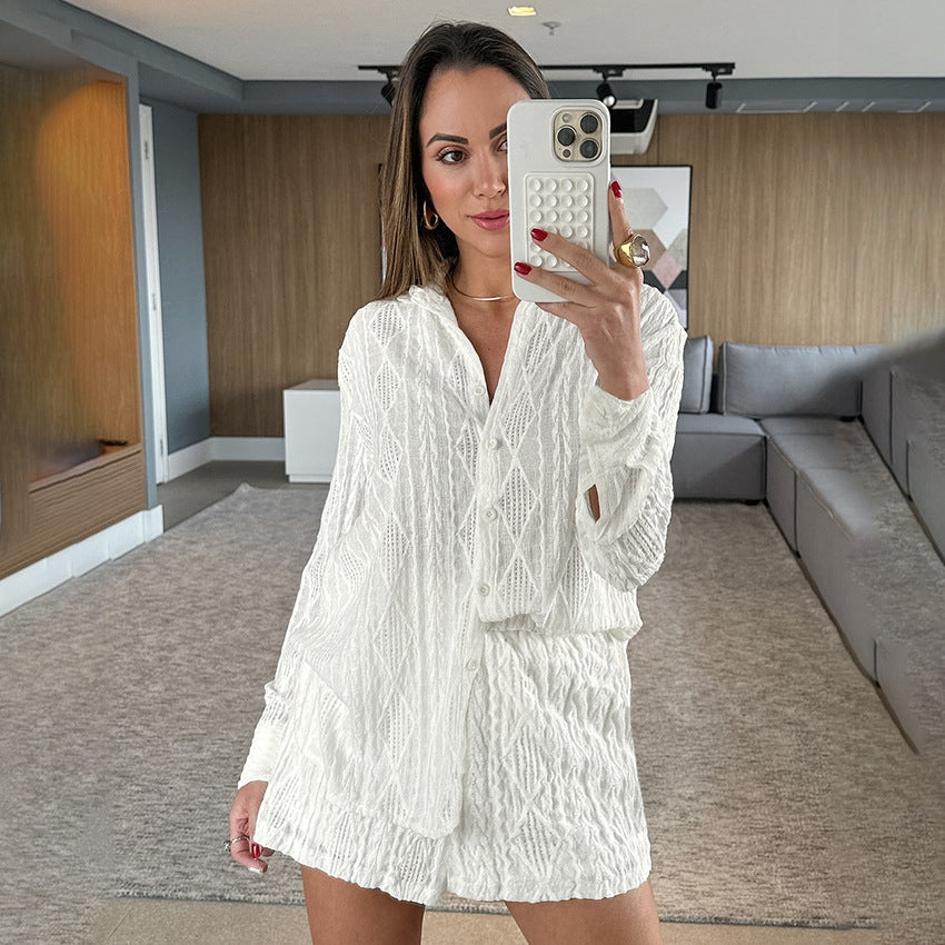 Knitted Jacquard Cardigan And Long-sleeved Shorts Pajama Set