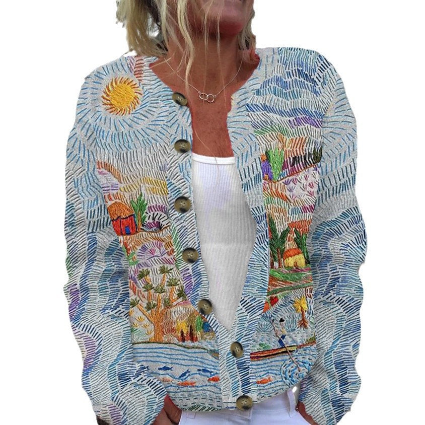 Digital-print Cardigan Knitted Jacket Faux Sweater For Women