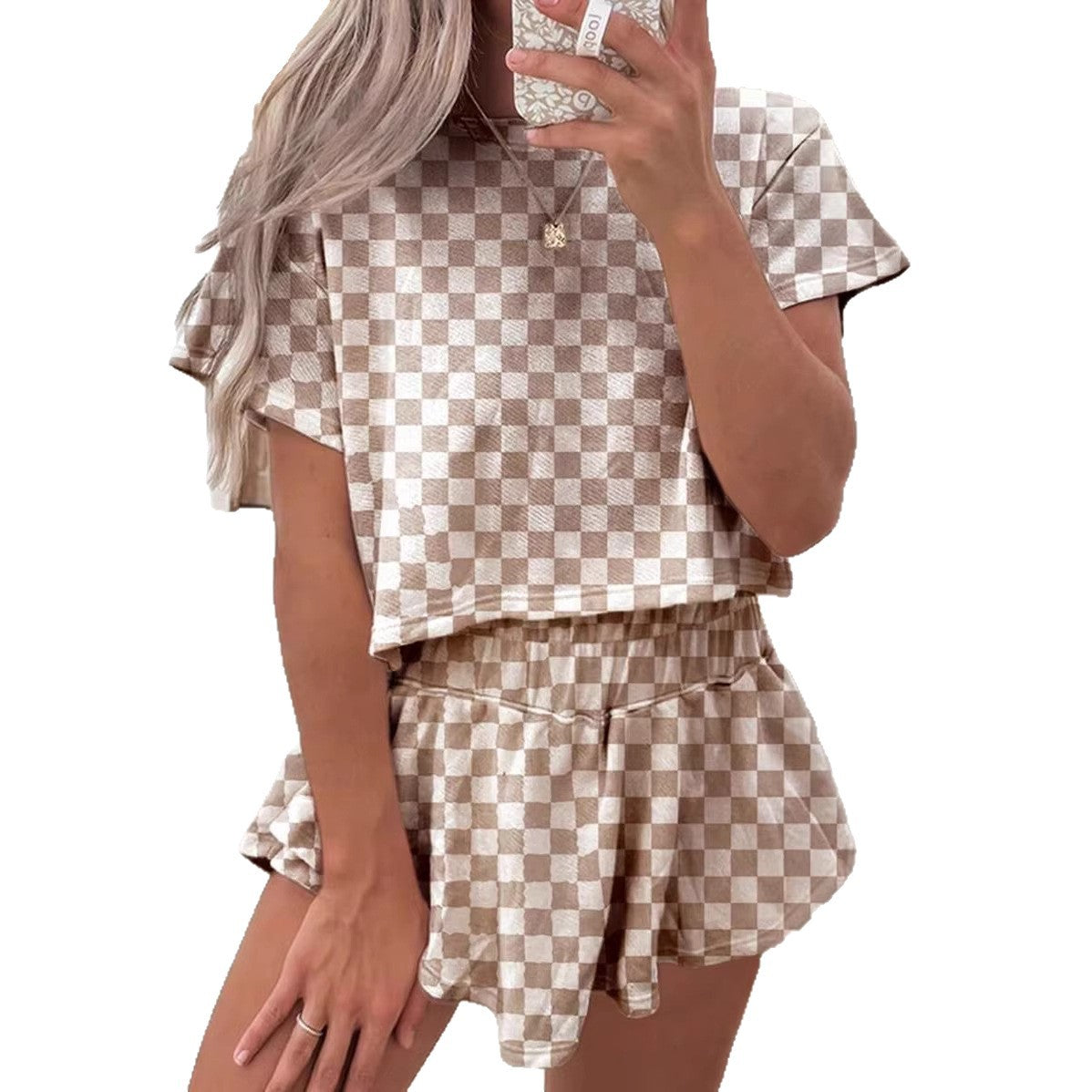 Womens Loose-Fit Checkerboard Short-Sleeve Top And Shorts Set