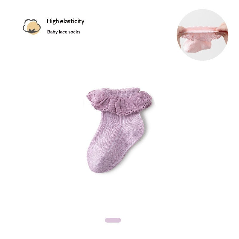 Solid-color Breathable Lace Socks With A Versatile Floral Trim For Little Girls