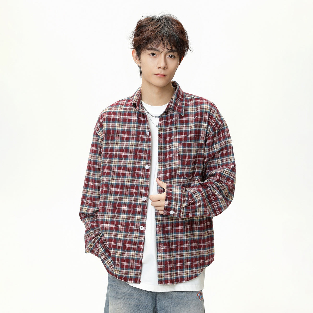 Mens American-Style Retro Color-Block Plaid Long-Sleeve Shirt