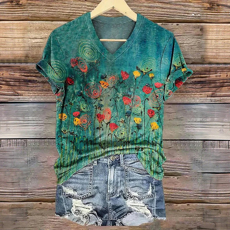 3D Digital Print T-Shirt Womens V-Neck Short-Sleeve Top