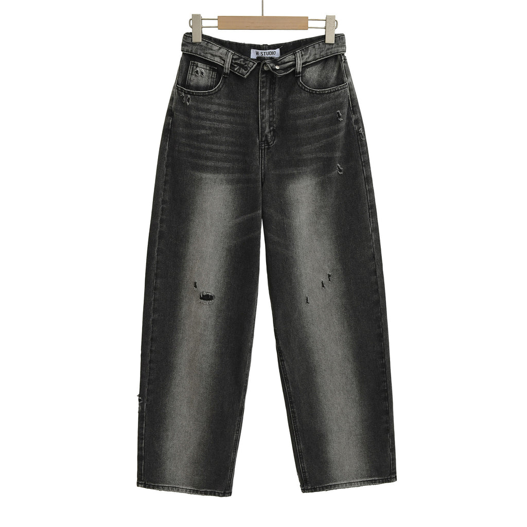 Niche High-waisted Wide-leg Pants With A Curled Hem For Women