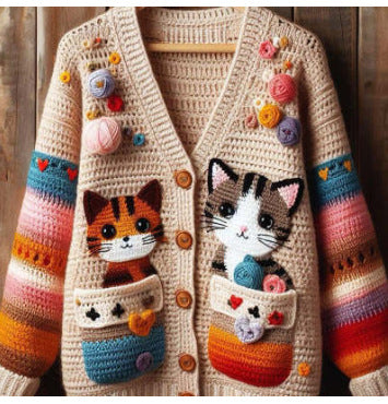 Digital-print Cardigan Knitted Jacket Faux Sweater For Women