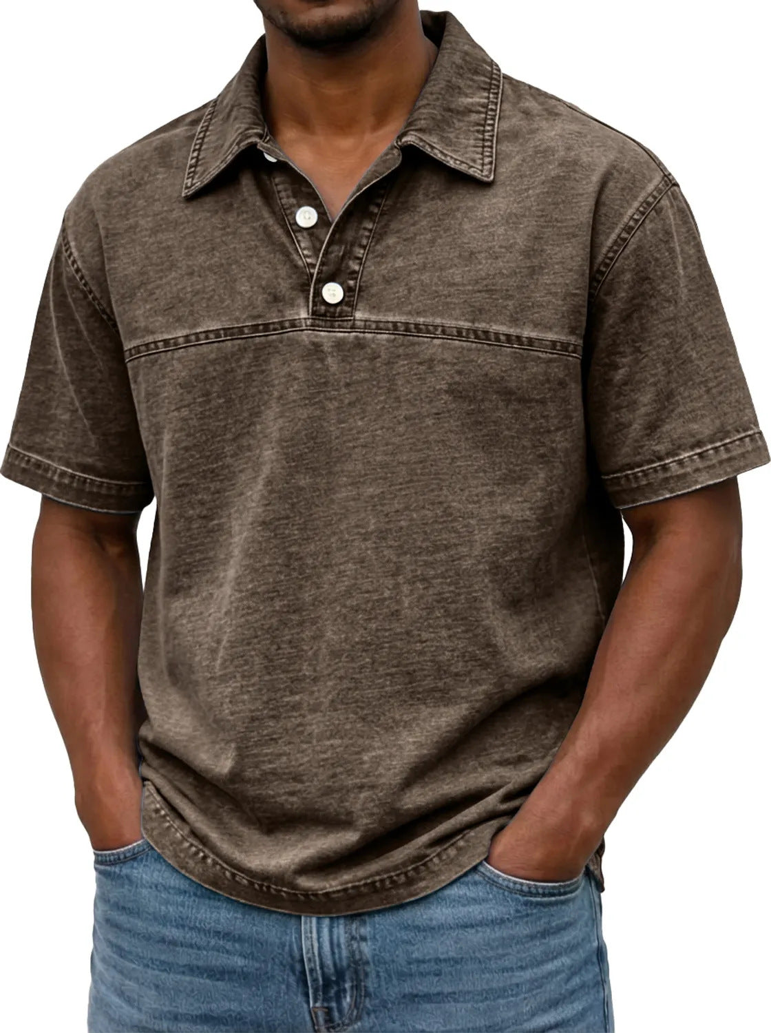 Mens Stylish Solid-color Vintage Short-sleeve Lapel Polo Shirt