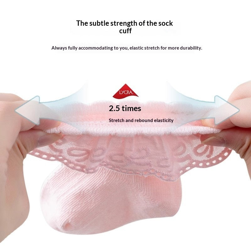 Solid-color Breathable Lace Socks With A Versatile Floral Trim For Little Girls