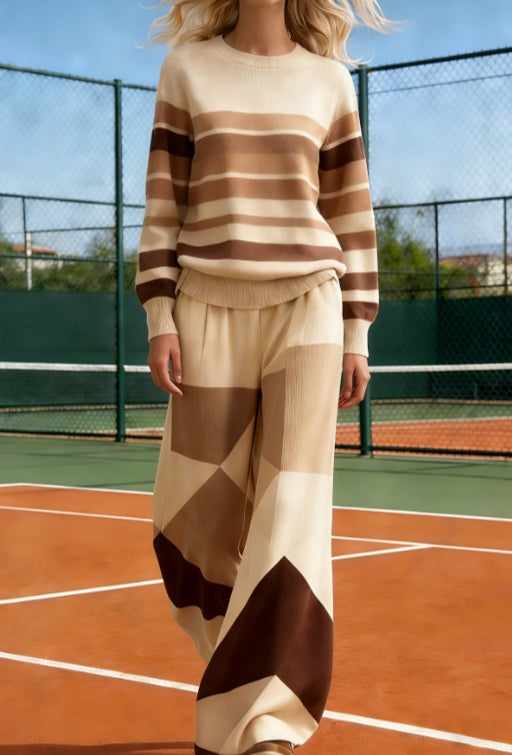 Women's American Retro Color Block Round Neck Long Sleeve Loose Knit Set