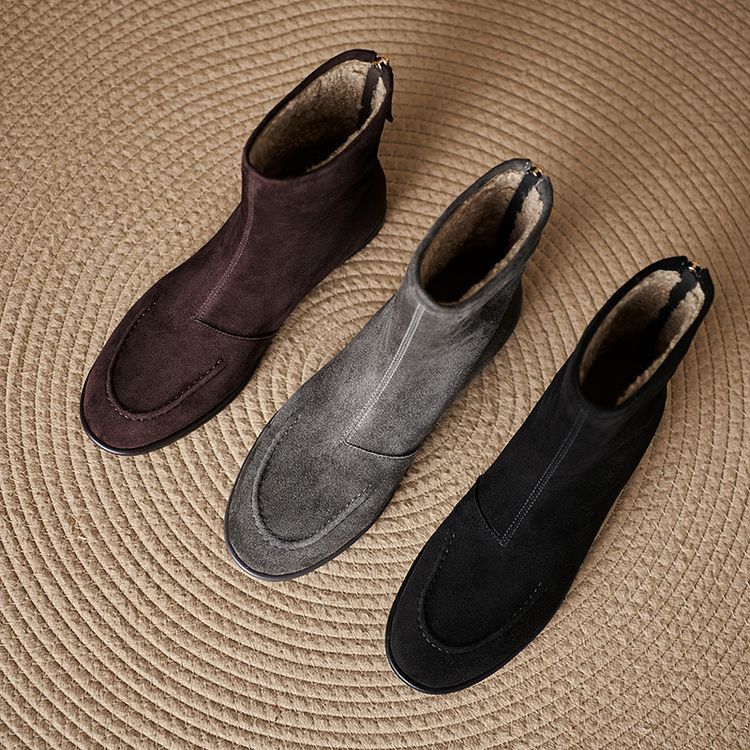 Womens Fleece-Lined Thick Simple Stylish Round-Toe Low-Heel Ankle Boots For FallWinter