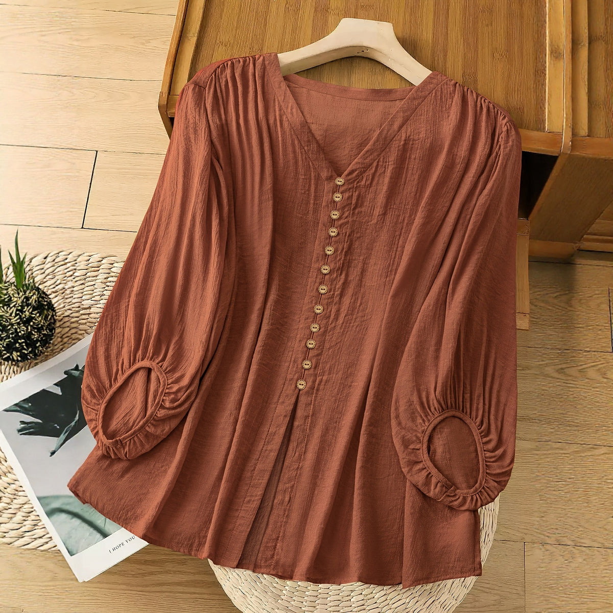 Womens SpringAutumn V-Neck Cotton-Linen Shirt With Loose