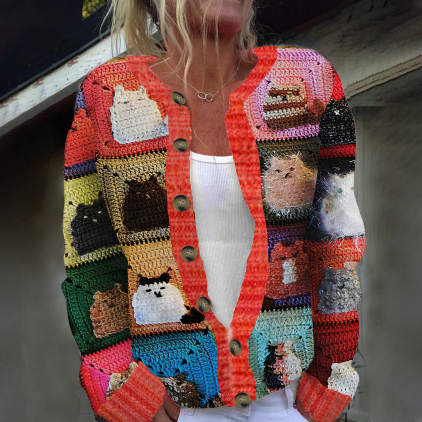 Digital-print Cardigan Knitted Jacket Faux Sweater For Women