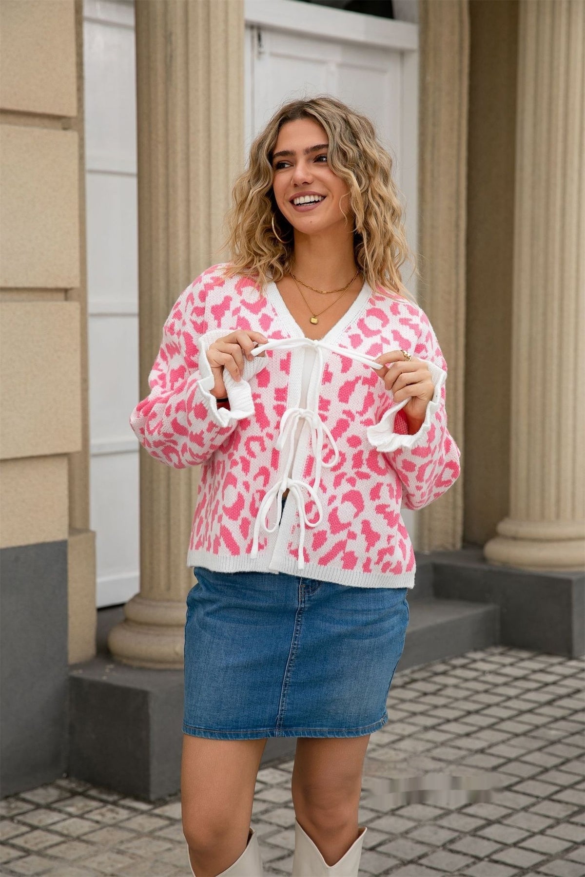 New Womens Leopard-print Jacquard Tie-front Cropped Sweater Jacket
