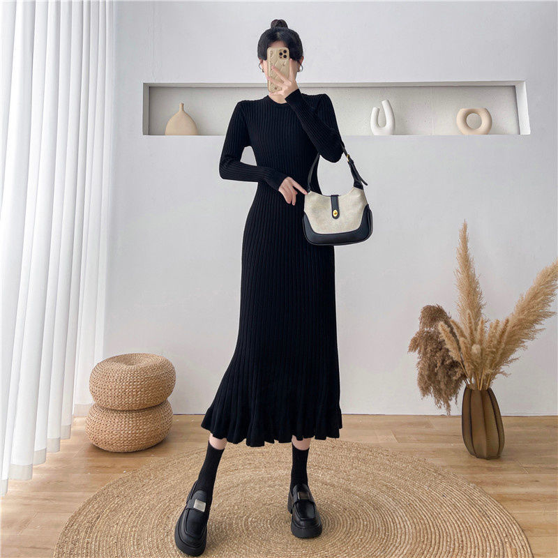 Womens Slimming Figure-Hugging Long-Sleeve Knitted Dress