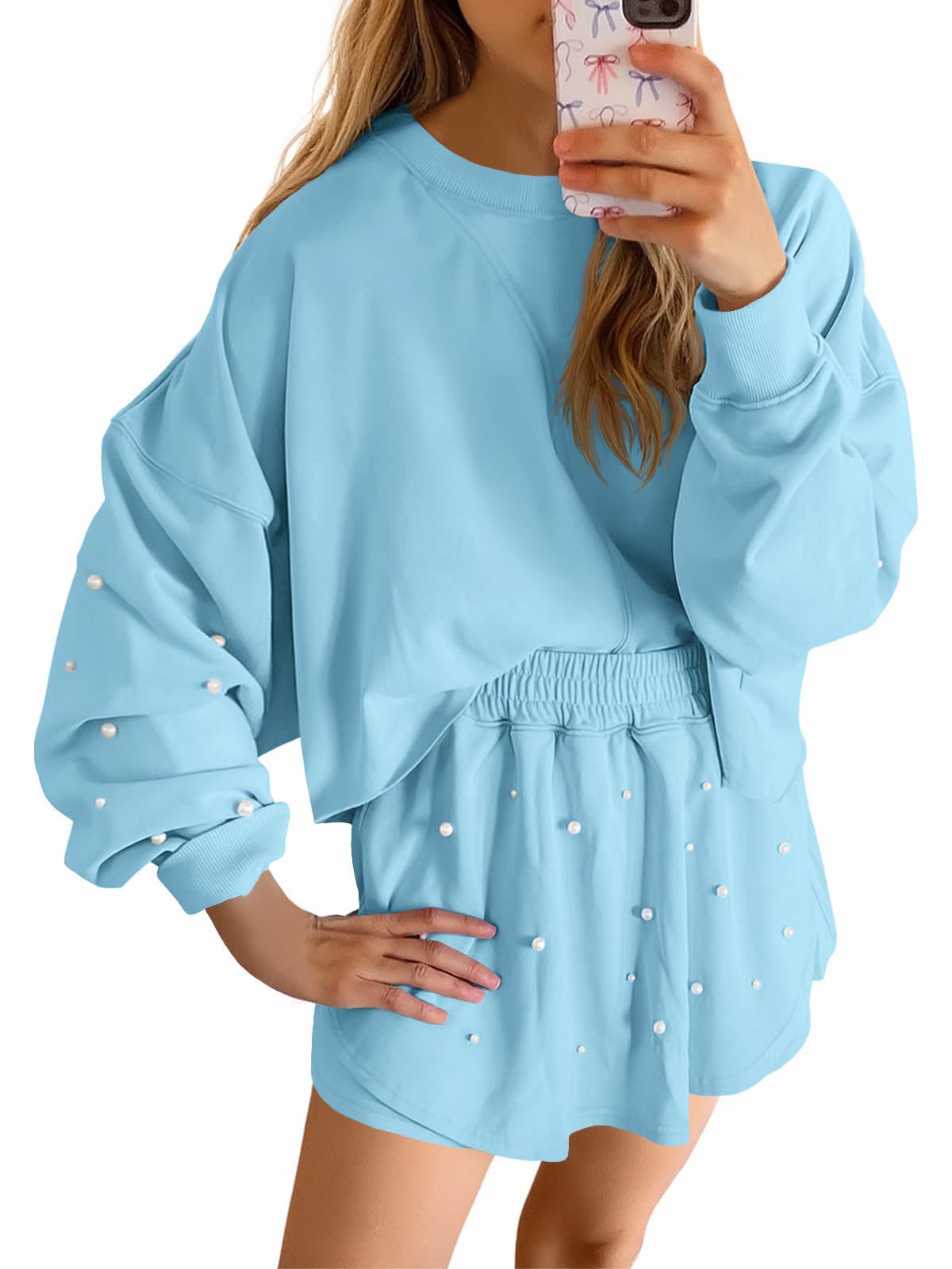 Womens Casual Long-sleeve Top And Shorts Set