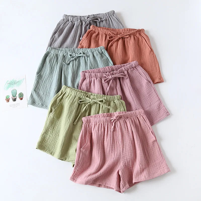 Women's Pajama Shorts 100% Cotton Double-Layer Gauze Sleep Bottoms Beach Shorts Plus Size Thin Lounge Loose Casual Home Pants