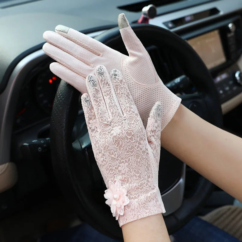 Women Summer Sexy Lace Big Flower Thin Mesh Breathable Sunscreen Touch Screen Non-Slip Drive Cycling Anti-UV Elegant Gloves