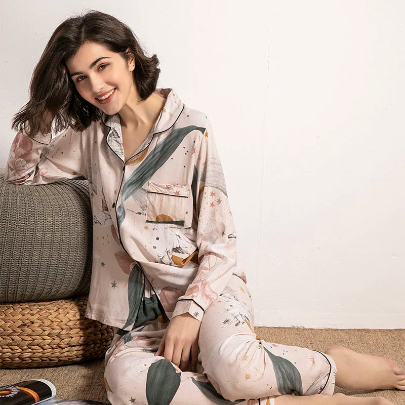 Starry Sky And Floral Printed Women Pajamas Set Comfort Viscose Full Sleeve Homewear Ladies Tender Casual Wear For Spring