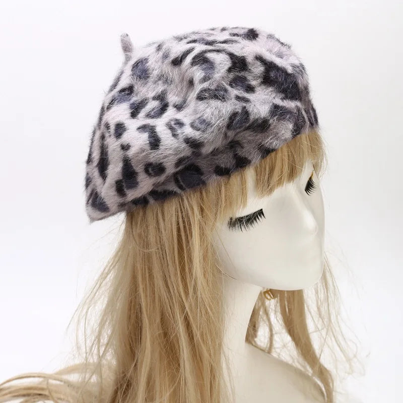 2020 Autumn Winter Leopard Print Warm Rabbit Fur Octagonal Hats for Women and Girl Berets Painter Hat Beanie Cap 11
