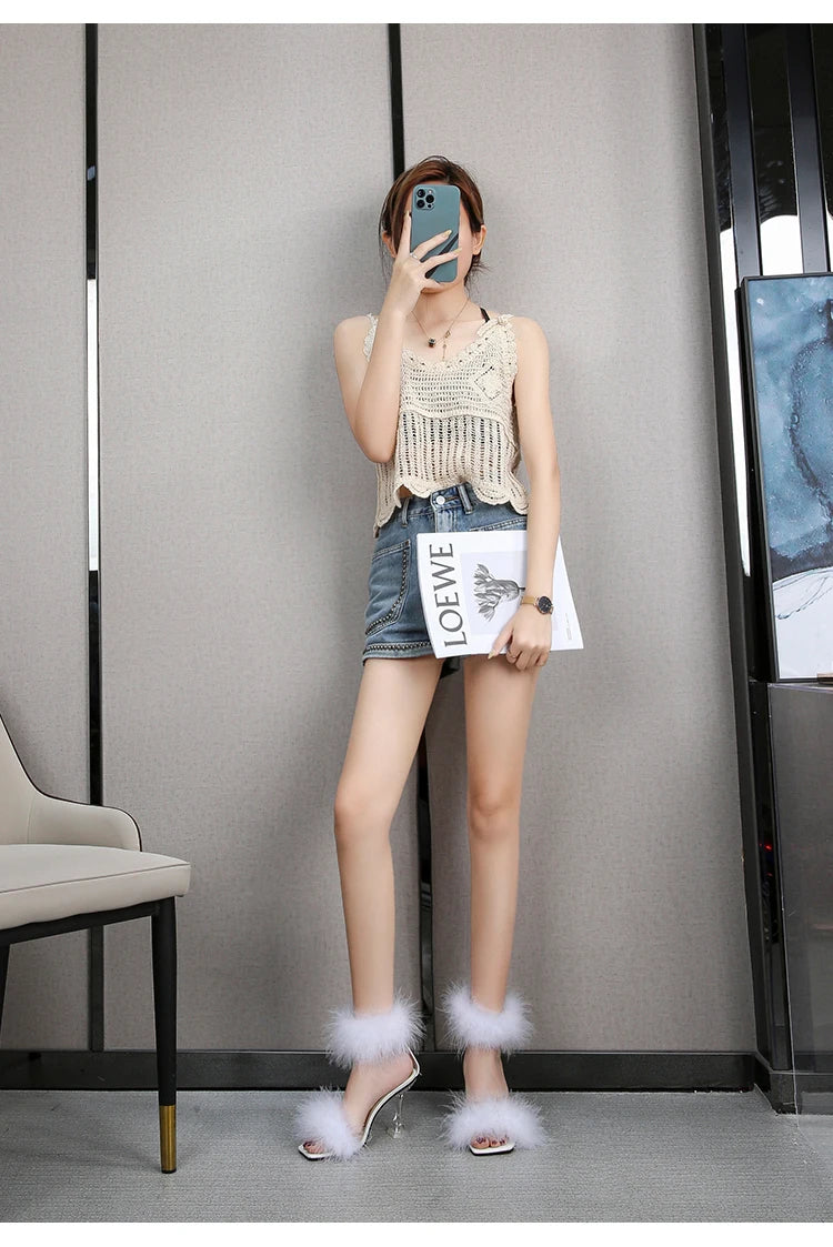 Feather Sandals Women Furry High Heels Ankle Plush Sandals Woman Transparent Heels With Fur Stripper Heeled Sandal Women Evening