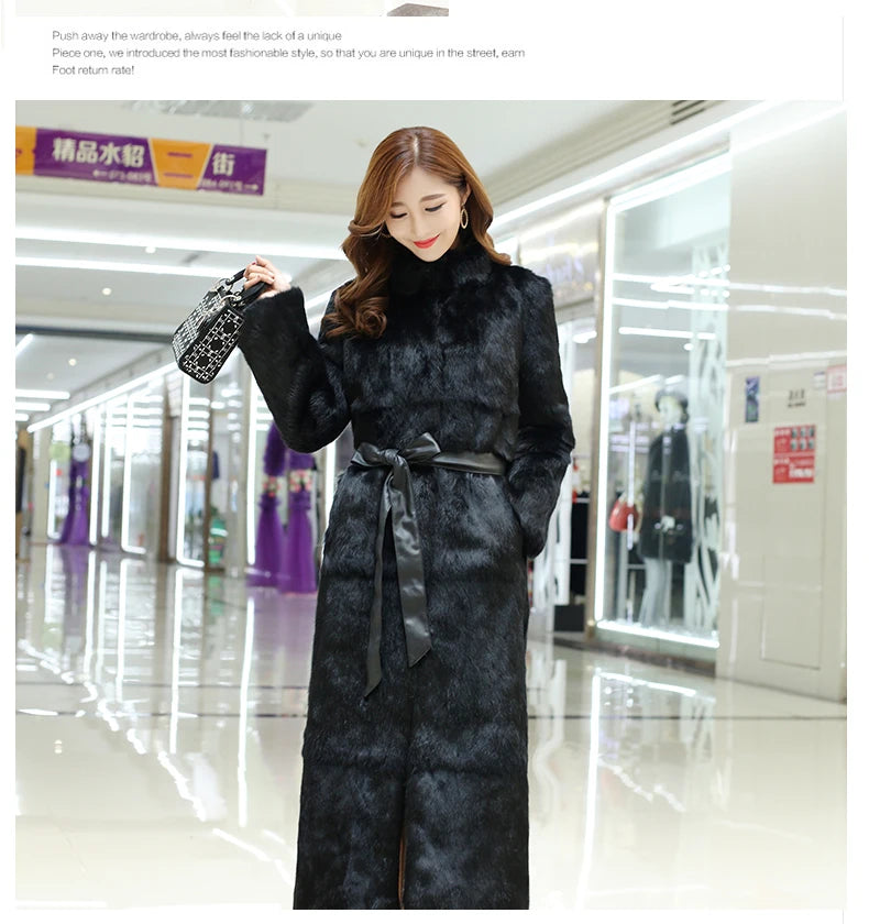 New Real genuine natural rabbit fur coat stand collar X-long fashion fur jacket outwear custom any size