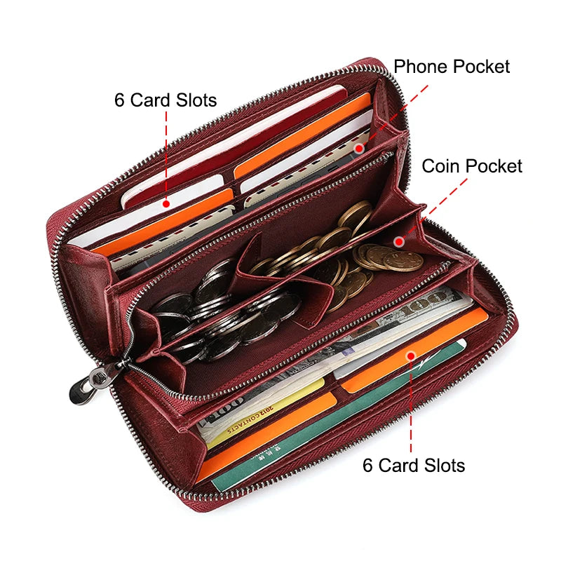 Contact's Women Wallets Genuine Leather Card Holder Female Purse Zipper Wallet For Women Fashion Clutch Bag Rfid Men Wallets